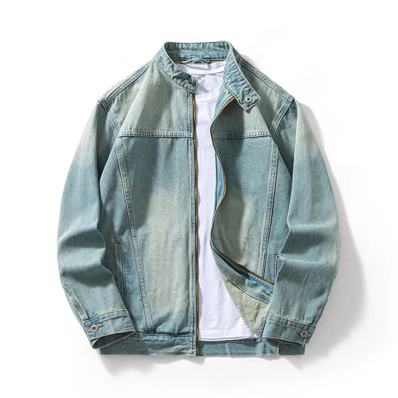 Men's Casual Non-Stretch Denim Jacket High Street Style Zipper Loose Workwear Jacket Plus Size Trendy Streetwear Top