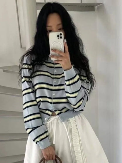 Spring New Classic Striped round Neck Button up Soft Knitted Open Cardigan Fashionable Design Sensation Women's Sweater