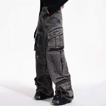 Men Gothic Jeans Y2k Big Pocket Cargo Jeans Streetwear Fashion Japanese Youth Campus Wide Leg Casual Pants Male Men'S Clothing