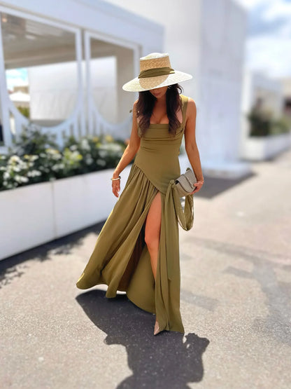 Green Evening Dress - Lace Up Back High Slit Maxi Party Dress with Scarf Attached