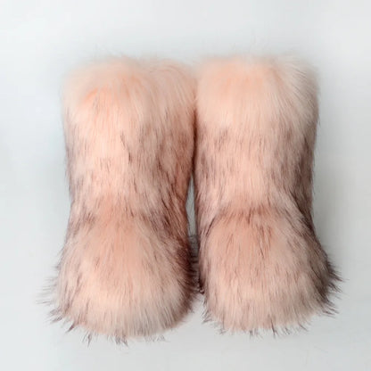 Women's Winter Snow Boots Outdoor Luxury Furry Faux Fox Fur Boots Woman Plush Warm Platform Shoes New Fashion Bottes Big Size 46