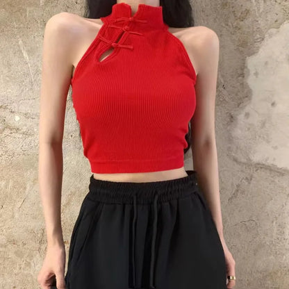 ITOOLIN Elegant Women Chinese Button Tank Tops With Bra Pad O-Neck  Sleeveless Tank Tops For Women Sexy Crop Tops All-Match 2024