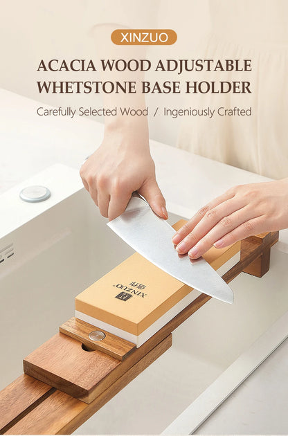 Knife Sharpening Block - Adjustable Acacia Wood Whetstone Holder for Kitchen Knives