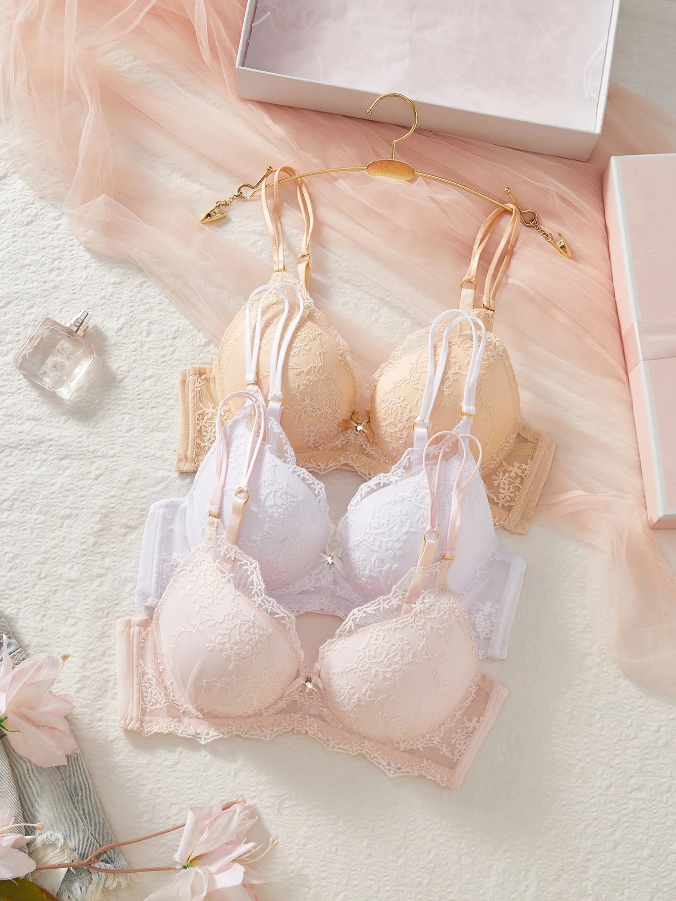 3PCS Women Floral Lace Bra Set Mesh Spliced Embroidery Push Up Bra Double Straps Underwire Support Daily Sexy Lingerie