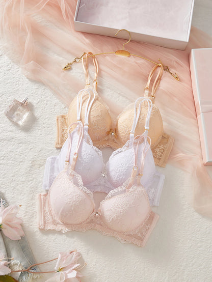 3PCS Women Floral Lace Bra Set Mesh Spliced Embroidery Push Up Bra Double Straps Underwire Support Daily Sexy Lingerie