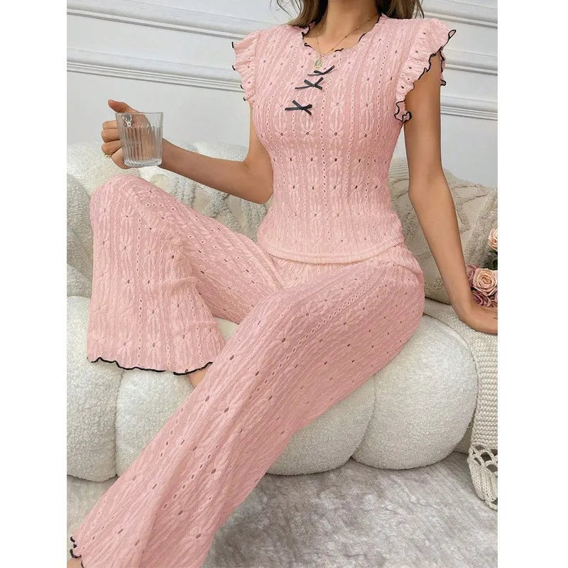 European and American style sexy hollow spring and summer new high-end lace texture women's pajama set