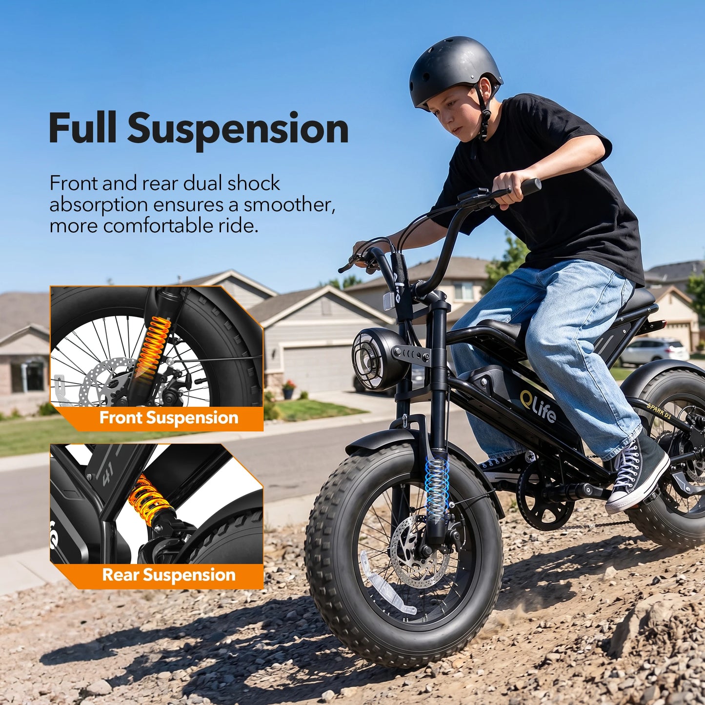 Qlife Spark D1 Electric Bike for Adults, 1500W Peak Motor 48V 10.4 Ah, 16" Fat Tires Electric Mountain Bike, 28 MPH 50Mi Range Off-Road Ebike with Full Suspension