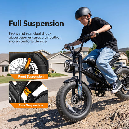 Qlife Spark D1 Electric Bike for Adults, 1500W Peak Motor 48V 10.4 Ah, 16" Fat Tires Electric Mountain Bike, 28 MPH 50Mi Range Off-Road Ebike with Full Suspension