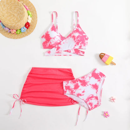3pcs Swimming Suit for Girls Summer Beach Dress Swimsuit Tie-dye Printed Skirted Bikini Set Kids Bathing Suit