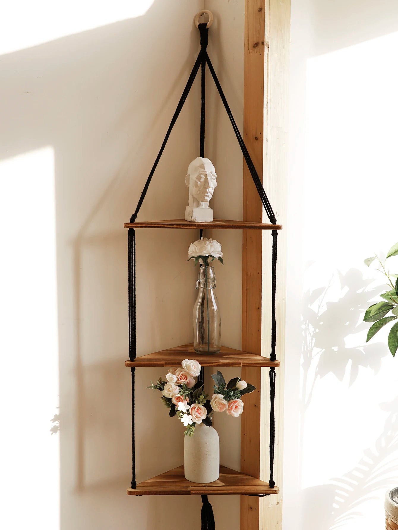 Wooden Corner Shelf - Floating Wall Shelf | Boho Room Decor & Macrame Hanging