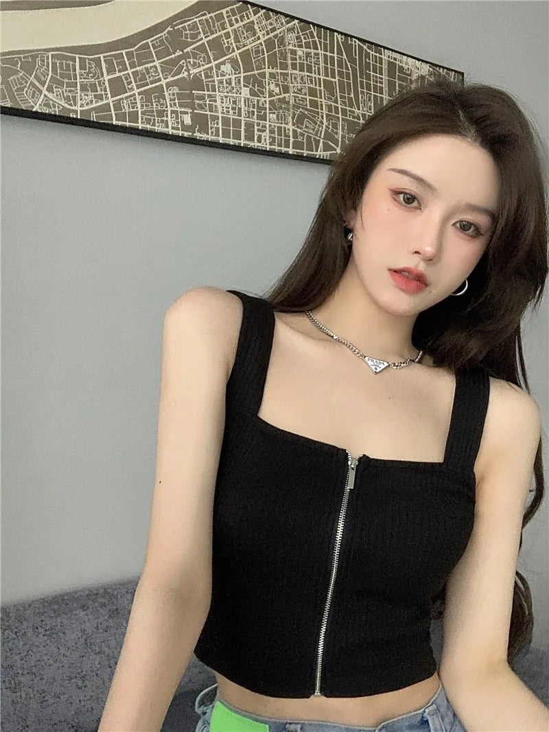 2025 Y2K Top Women Zipper Fly Camisoles Knitted Sexy Summer Tank Tops Sleeveless Female Solid Crop Top