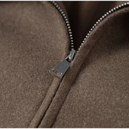 Brown Woolen Jacket - Women's Outerwear Zipper Coat With Elegant Lapel