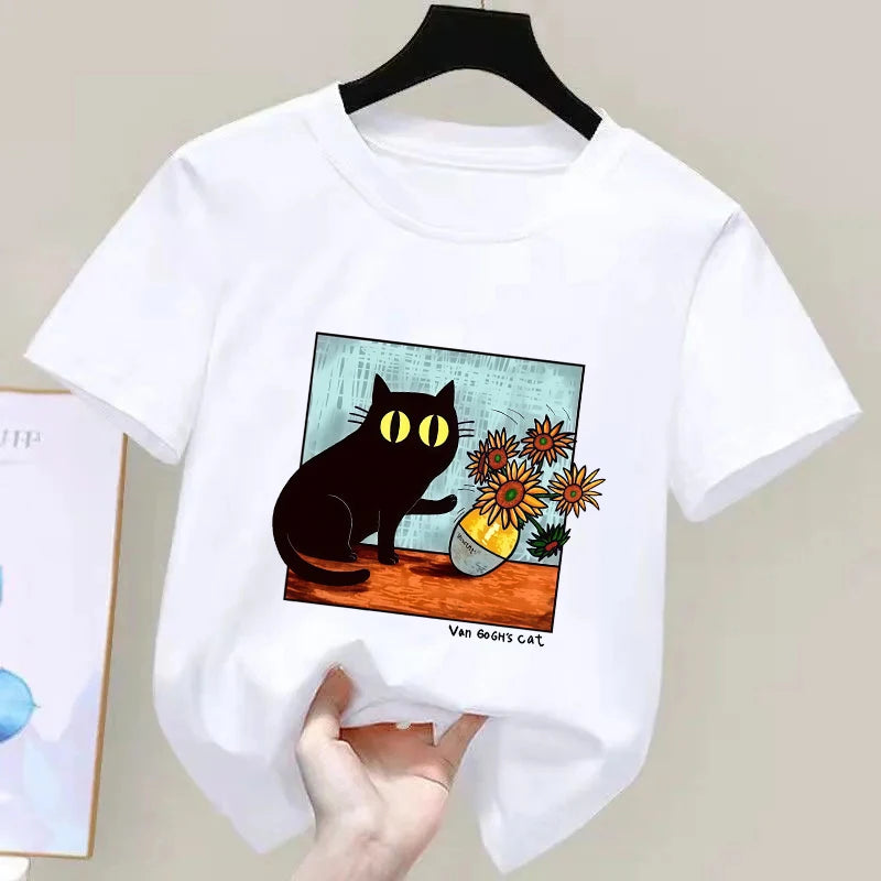 Van Gogh Cat Graphic T Shirts Boys/girls Flower Black Cat T-shirt Round Neck Short Sleeve Trendy Tee  Kawaii Kids Clothing