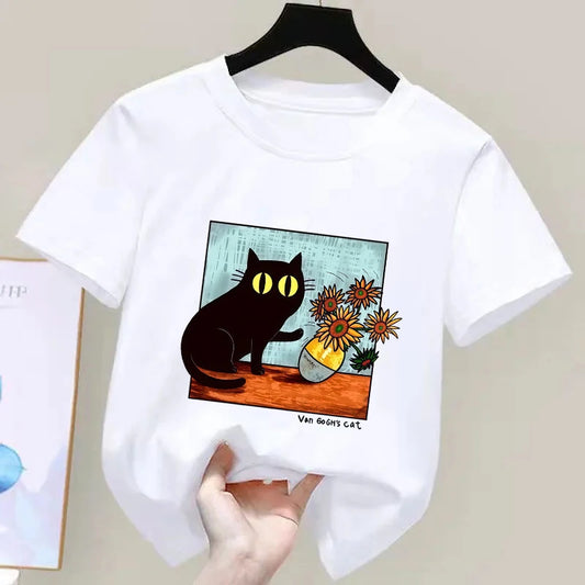 Van Gogh Cat Graphic T Shirts Boys/girls Flower Black Cat T-shirt Round Neck Short Sleeve Trendy Tee  Kawaii Kids Clothing