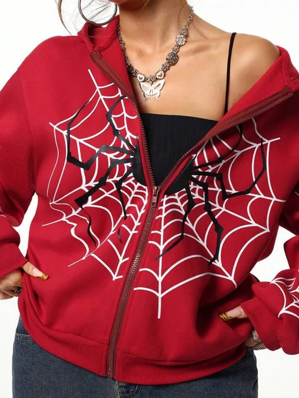 2026 Y2K Spider Web Print Unisex Zip Up Hoodie| Oversized Loose Fit for Men & Women, All Seasons