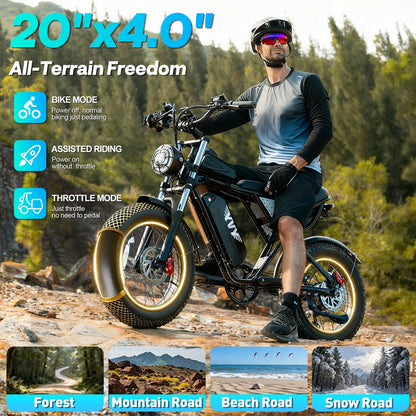 YVY K20 Lite 1500W Electric Bike for Adults 30MPH 48V 15.6Ah Off-road Trail 20*4 Inch Fat Tire E Bike 7 Speed Mountain Bike