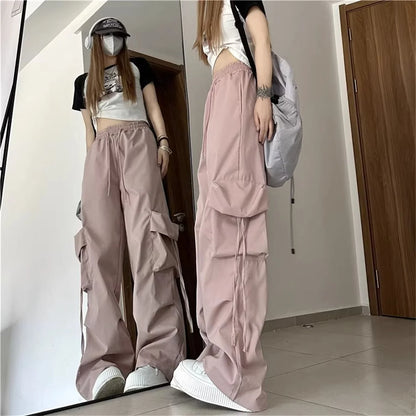 Plus Size Women Cargo Pants High Waist Solid Fashion Street Pant Vintage Drawstring Pocket Trousers Loose Casual Joggers Clothes