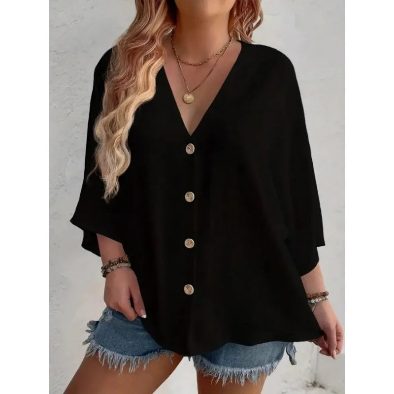 Plus Size 2025 New Fashion Women's Tops Loose V-Neck Long Sleeve T-Shirt Spring Summer Elegant Solid Color Casual Blouse