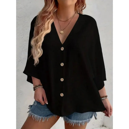 Plus Size 2025 New Fashion Women's Tops Loose V-Neck Long Sleeve T-Shirt Spring Summer Elegant Solid Color Casual Blouse
