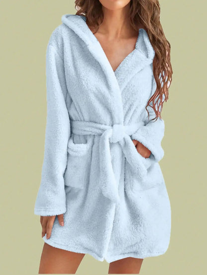 1 piece of women's solid color hooded robe with belt, cozy and warm fleece pajamas for home wear in autumn and winter.