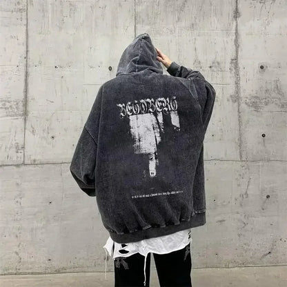 Gothic Vintage Washed Hoodies Letter Print Sweatshirts Streetwear Y2K Skeleton Hoodie Cotton Long Sleeve Pullover Hip Hop Hoody