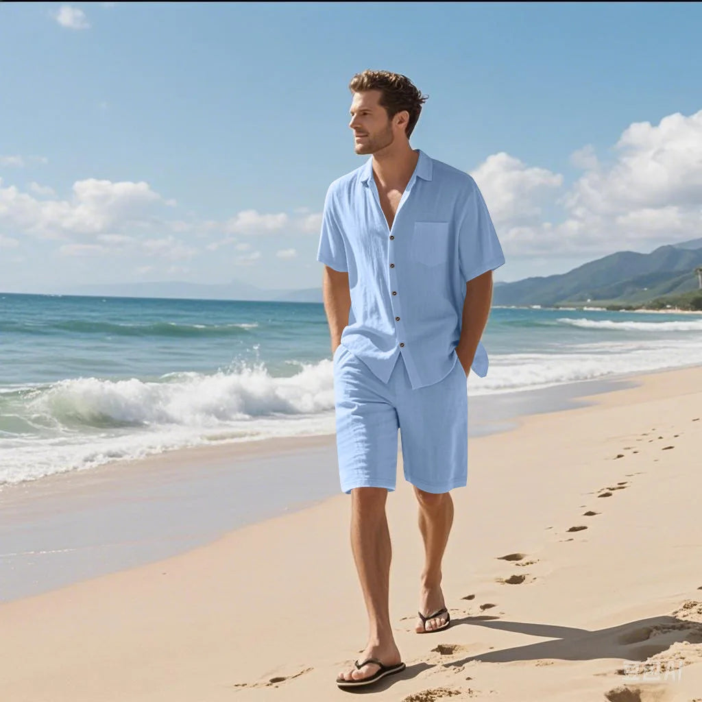 Summer Men's New Linen Loose-Fitting, Versatile, Comfortable, Breathable and Quick-Drying Beach Short-Sleeved Short Pants Set
