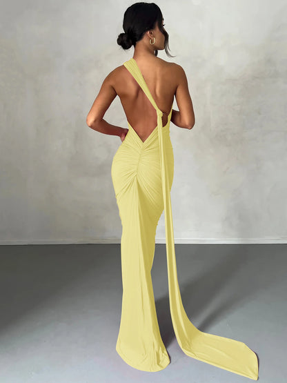 Hugcitar One Shoulder Backless Adjustable Scarf Loop Ruched Sexy Maxi Dress Women Elegant Y2K Streetwear Festival Outfit