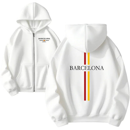 Autumn Winter Female Daily Casual Sport Coat 2025 New Arrival Woman Zipper Hoodie High Quality Barcelona Print Hooded Sweatshirt