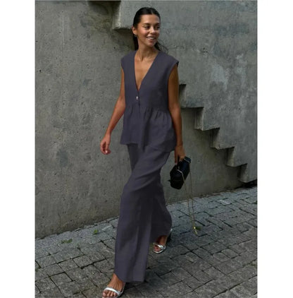 Fashion Women's Trouser Suits Sleeveless V-Neck Top Women Casual Straight Pants Sets Summer Women's Suit Commuter 2 Piece Set