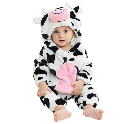 Baby Winter Rompers - Soft Polyester Hooded Jumpsuit With Animal Pattern, Machine Washable