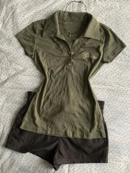 Vintage Polo Shirt Y2k Women's Gothic Style V-neck Slim Harajuku American Letter Print Punk Army Green Short Sleeve T-shirt 2025