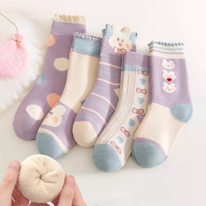 5 Pairs Girls' Thick Socks,Cute Cartoon Bunny Children's Socks, Winter Warmth,  Purple Mid Tube Socks, Autumn/Winter