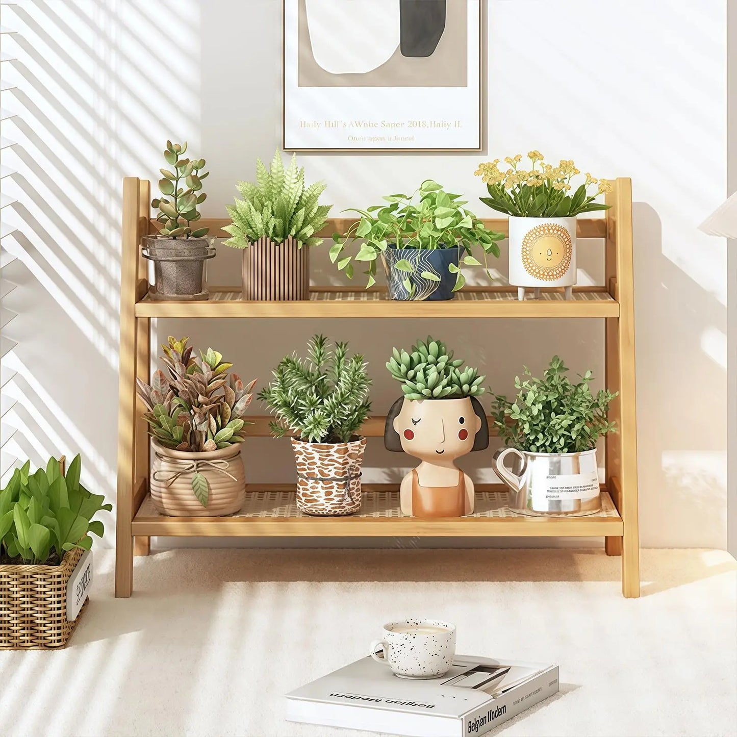 Coffee Station Organizer - 2 Tier Wicker Look Bamboo Mug Holder Shelf