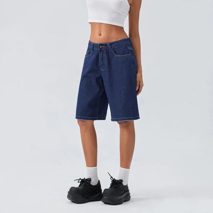 New Fashion Womens Knee Length Denim Shorts Loose Solid Color Low Rise Wide Leg Long Shorts With Pockets For Summer S-2XL