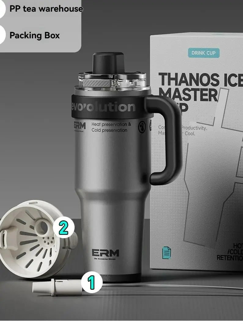 1200ML Extra Large Tumbler Ceramic Drinkware Stainless Steel Water Bottle Insulated Vacuum Flask Straw & Handle Leakproof Mug