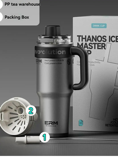 1200ML Extra Large Tumbler Ceramic Drinkware Stainless Steel Water Bottle Insulated Vacuum Flask Straw & Handle Leakproof Mug