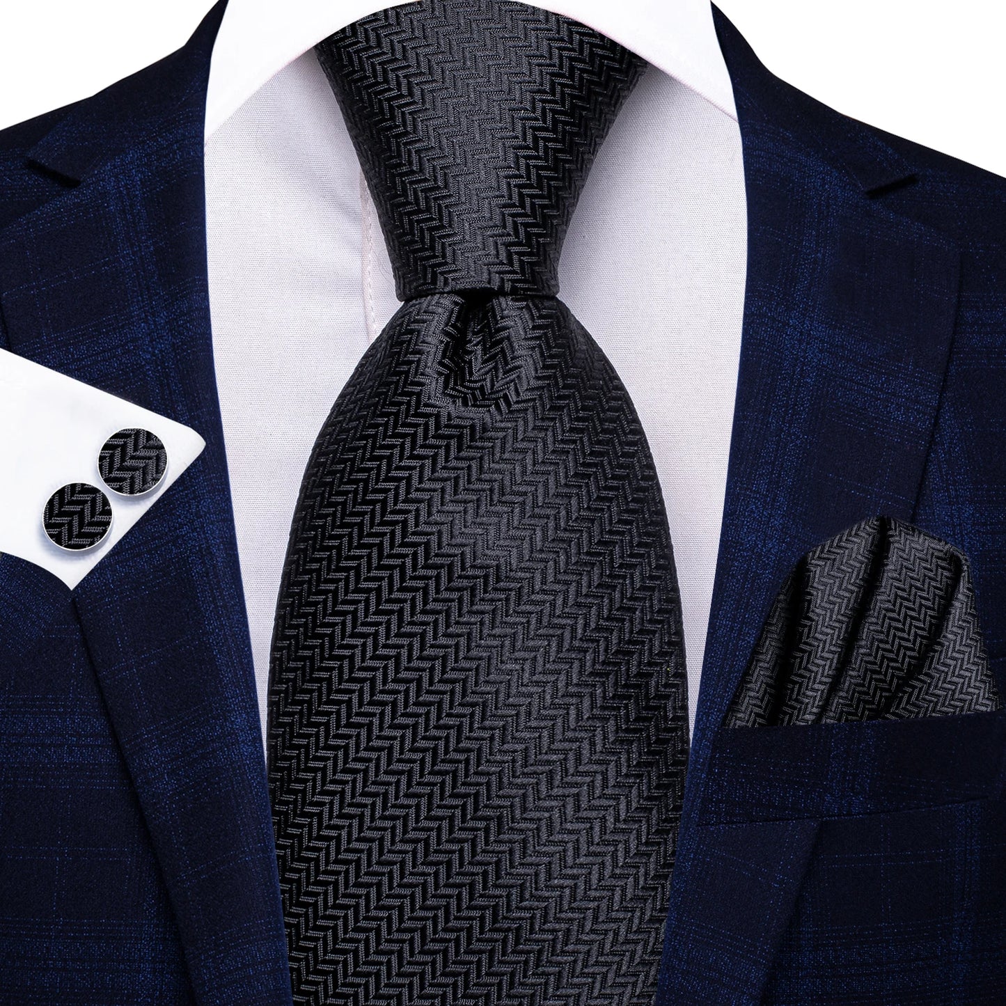Black Floral Silk Wedding Tie Set - Elegant Necktie with Handkerchief  Cufflinks for Men