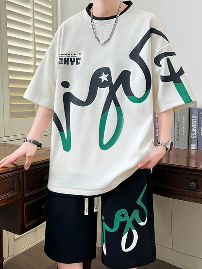 2025 Summer Men's Set, Korean fashion two-piece sportswear for men, trendy men's clothing, jogging set, T-shirt + shorts set, po