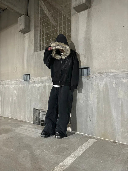 Autumn Winter Y2k Women Aesthetic Harajuku Faux Fur Collar Hoodies Clothes Graphic Hip Hop Punk Gothic Zip Up Hoodies 2026 new
