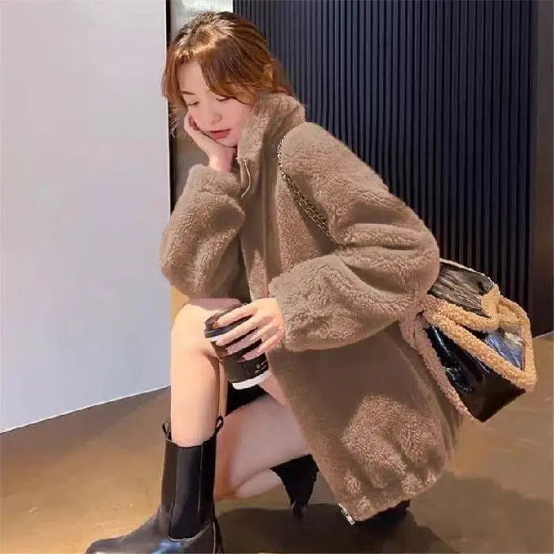 Women Winter Coat - Warm Double Coral Fleece Zipper Closure Jacket With Stand Collar
