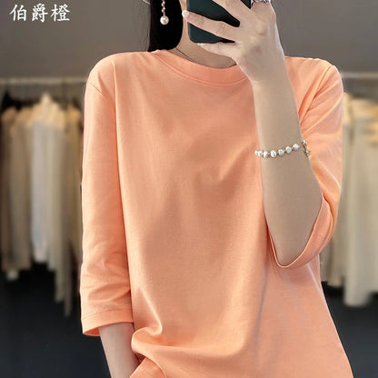 Summer Cotton Short-Sleeved T-Shirt Women's Round Neck Seven-Point Sleeves Loose Mercerized Cotton Half-Sleeve Shirt New T-shirt