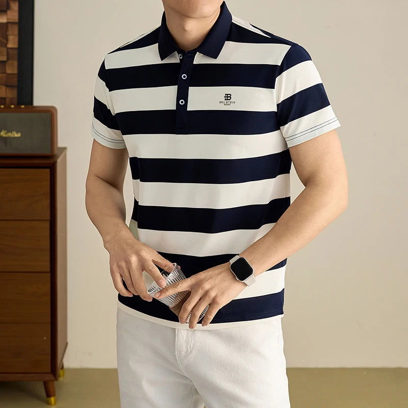 Men's Golf Polo Shirt with Collar, Short Sleeves and Wide Stripes – Breathable Summer Casual Business T-shirt