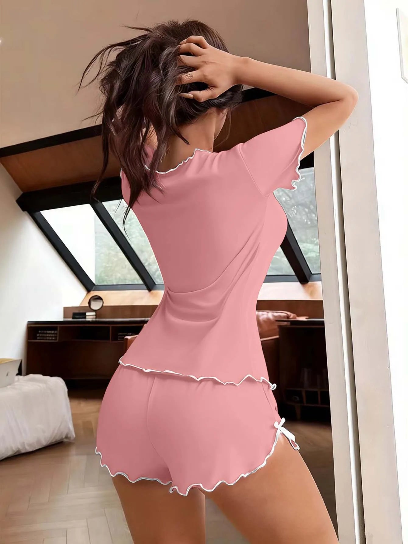 Women's Sweet Pajamas Set Bow Short Sleeve Top And Shorts Sleepwear 2 Piece Set For Women Summer Casual Elastic Homewear