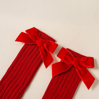 Kids Christmas Girls Socks Autumn Winter Toddlers Red Bowknot Baby Knee High Long Sock Soft Cotton Children Socken For 0-5 Years