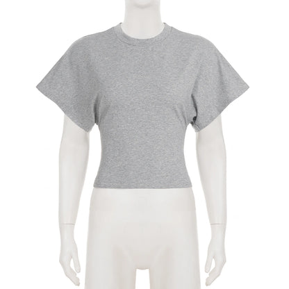 SUCHCUTE Solid Cotton O-Neck Pullover Waist Short Top Women Short-Sleeved Loose T-shirt Causal All-Match Shirts Summer Basic New