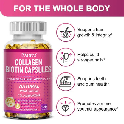 Collagen Biotin Supplement - Hyaluronic Acid Biotin Vitamin C E - Hair Skin Nails Joint Support and Energy Boost Vegan Capsules