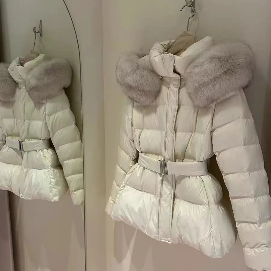 Korean New Winter Slim Waist Fitted Plus Size Thick Down Cotton Parkas Women Big Fur Collar Warm Coat Fashion Trendy Warm