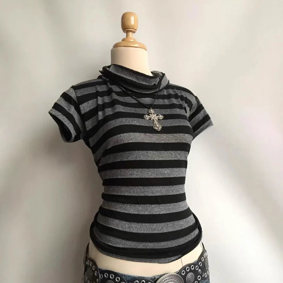 Y2k Crop Top Women Hot Girl Stripe Street Emo 2000s Cloth Summer Vintage Short Sleeve T-shirt Fashion Chic Classic Cute Baby Tee
