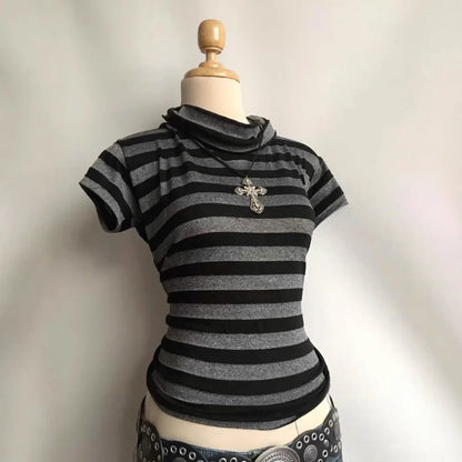 Y2k Crop Top Women Hot Girl Stripe Street Emo 2000s Cloth Summer Vintage Short Sleeve T-shirt Fashion Chic Classic Cute Baby Tee