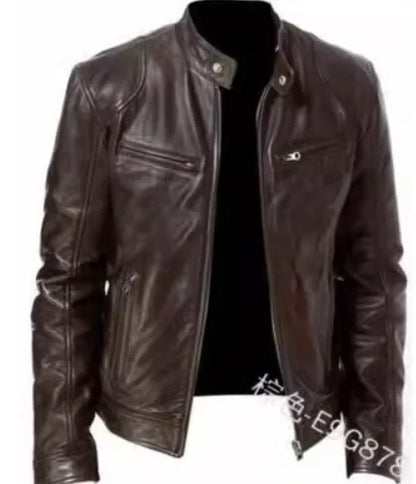 2023 Fashion Mens Leather Jacket Slim Fit Stand Collar PU Jacket Male Anti-wind Motorcycle Lapel Diagonal Zipper Jackets Men